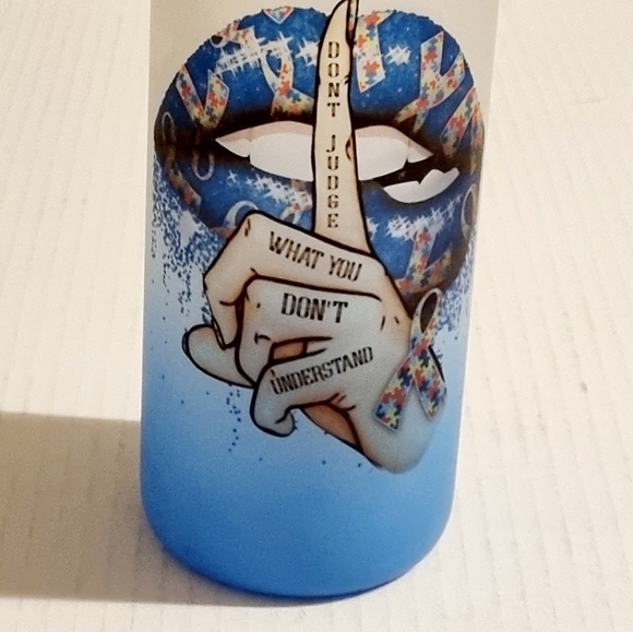 New 7" Frosted Glass Autism Tumbler w/ Wood Stopper Lid & Straw - Picture 3 of 12